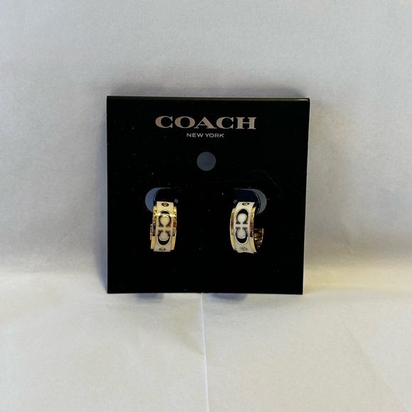 Coach Signature Enamel Gold Huggie Hoop Earrings - Picture 2 of 5